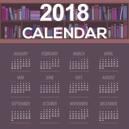 2018 Dark Purple Book Shelves Library Concept Printable Calendar Starts Sunday Vector Illustrationのイラスト素材