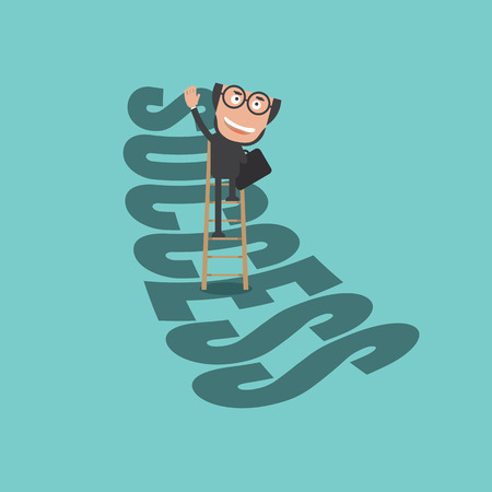 Happy Businessman Climb Up Ladder of Success. Life, Business Successful Concept Vector Illustrationのイラスト素材
