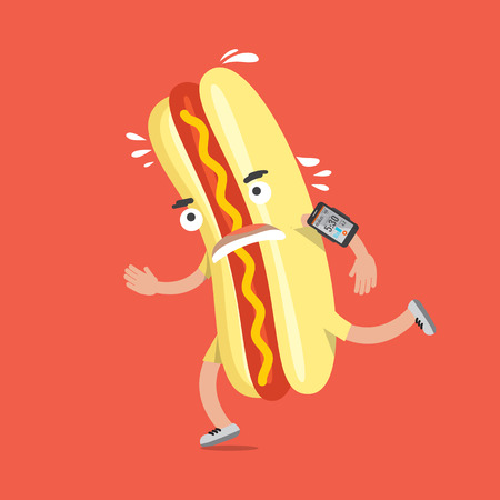 Hot Dog On The Run With Smartphone Health Concept Cartoon Character Vector Illustrationのイラスト素材