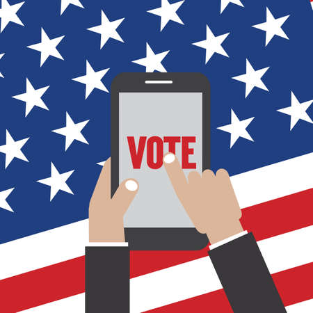 Man with a Smartphone to Vote for the USA Presidential Election Via Smart Phone with The Background of The USA Flag Vector Illustrationのイラスト素材