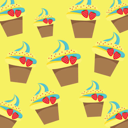 Cup Cake Pattern on Yellow Background Vector Illustration.