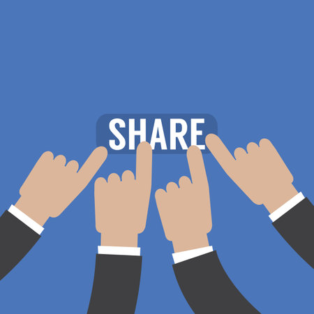 Flat Design Hand  is Pressing Share Button, Communication in The World of Technology Concept Vector Illustration.のイラスト素材