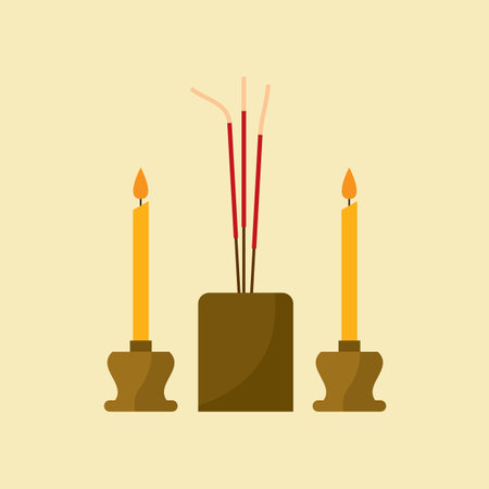 Flat Design Incense and candles are worshipers in Buddhism Concept Vector Illustration.のイラスト素材