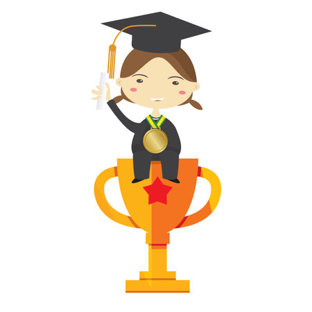 Children Girl Wearing Graduation Suit Sitting With On Huge Golden Trophy Represent To Success Education Vector Illustration.のイラスト素材