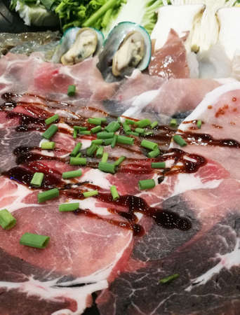 Close Up Fresh Raw Slice Pork for Sahib Set.の写真素材