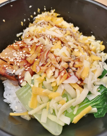 Cheese Chicken With Japanese Rice and Sesame Sauce Close Up.の写真素材