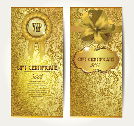 Elegant gold gift certificates with silk ribbons and floral designのイラスト素材