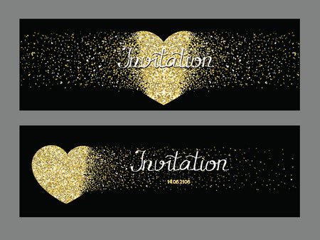 Black invitation cards with gold textured heartsのイラスト素材