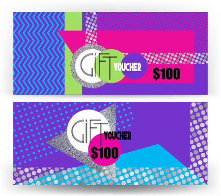 Gift vouchers with bright modern geometric design and metallic texture. Vector illustrationのイラスト素材
