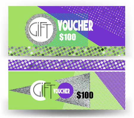 Gift vouchers with colorful modern geometric design and metallic texture. Vector illustrationのイラスト素材