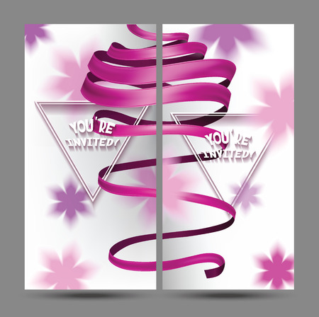 Invitation cards with long pink ribbon and abstract flowersのイラスト素材