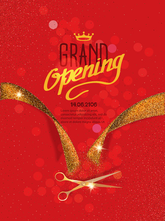 Grand Opening card with gold abstract ribbon and gold scissors on the red backgroundのイラスト素材