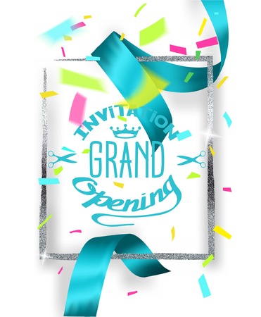 GRAND OPENING BACKGROUND WITH BLUE CUT SILK RIBBON AND SILVER FRAME AND CONFETTIのイラスト素材
