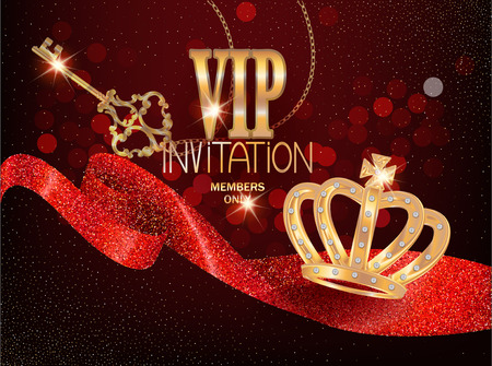 VIP card with red sparkling ribbon, gold key and gold crown. Vector illustrationのイラスト素材