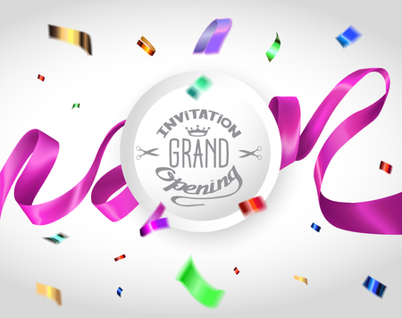 Grand opening banner with silk ribbon and colorful confetti. Vector illustrationのイラスト素材