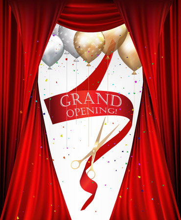 GRAND OPENING INVITATION BANNER WITH THEATER CURTAINS, CONFETTI, SCISSORS AND RED RIBBON. VECTOR ILLUSTRATIONのイラスト素材