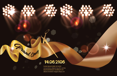 Grand Opening invitation card with gold sparkling ribbon and gold scissors on the dark background. Vector illustrationのイラスト素材