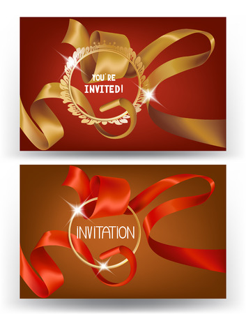 Invitation card with curled silk ribbon, scissors and gold frame. Vector illustrationのイラスト素材