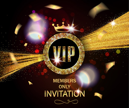 VIP invitation card with gold confetti and sparkling ribbon and glowing backgroundのイラスト素材