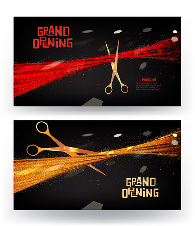 GRAND OPENING banners with sparkling ribbons and scissors on the dark backgroundのイラスト素材