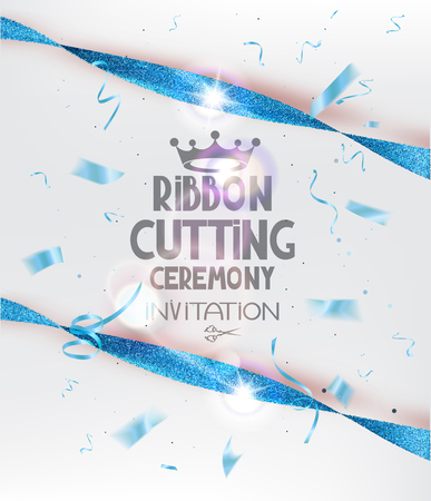 Ribbon cutting ceremony invitation card with blue sparkling ribbons and confetti. Vector illustrationのイラスト素材