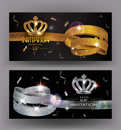 VIP invitation gold and silver card with sparkling curly ribbonsのイラスト素材