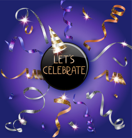 Holiday purple background with sparkling realistic serpentine and party hatのイラスト素材