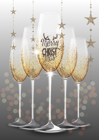 Merry christmas and happy new year greeting card with glasses of sparkling champagne and christmas decorationsのイラスト素材