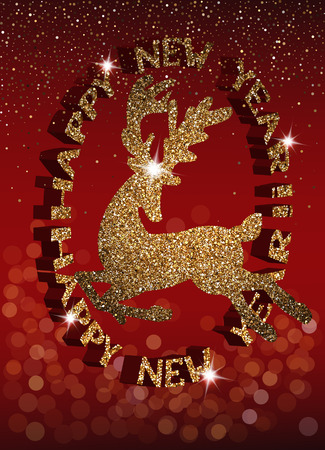 Gold sparkling deer silhouette and Happy New Year lettering. New Year 2017. Vector illustrationのイラスト素材