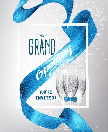 GRAND OPENING BACKGROUND WITH BLUE SPARKLING RIBBON, GLASSES OF CHAMPAGNE AND FRAMEのイラスト素材