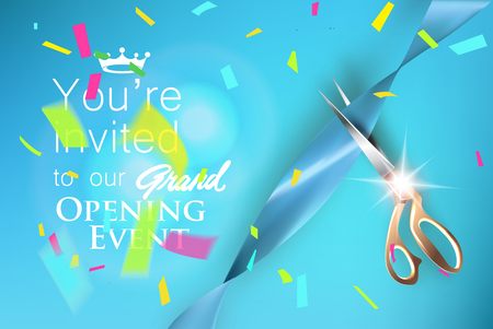 Grand opening blue invitation card with satin ribbon, colorful confetti and scissors. Vector illustrationのイラスト素材