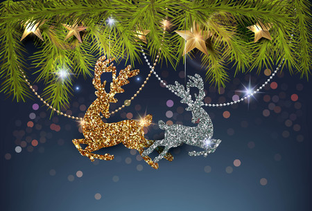 Christmas composition with gold and silver deer silhouettes, garlands and sparkling stars. Vector illustrationのイラスト素材