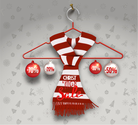 Christmas sale with striped knitted scarf on the hanger and balls. Vector illustrationのイラスト素材