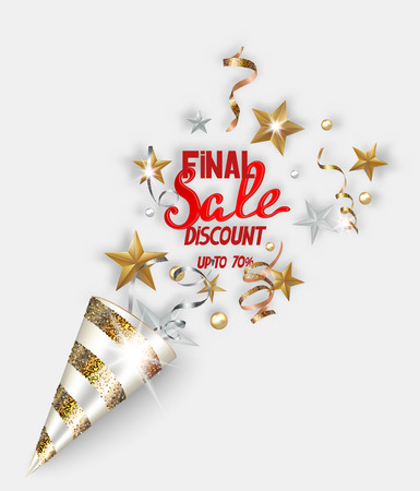 Final sale banner with gold and silver sparkling serpentine, stars and beads. Vector illustrationのイラスト素材