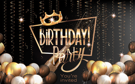 Birthday elegant greeting card  with air balloons, serpentine, gold frame and crown. Vector illustrationのイラスト素材