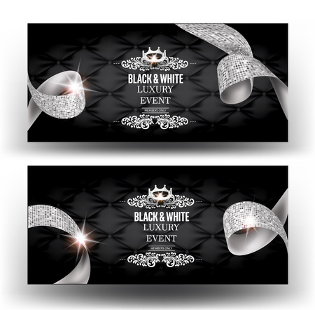Elegant BLACK & WHITE Luxury event invitation card with silk textured curled ribbons and leather background. Vector illustrationのイラスト素材