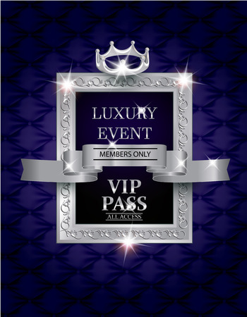 Elegant luxury event VIP PASS with silk fabric textured background, silver  vintage frame and  ribbon. Vector illustrationのイラスト素材
