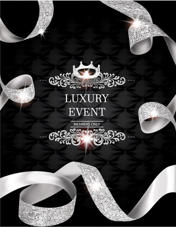 Elegant vintage invitation card with silk textured curled gold ribbons and leather backgroundのイラスト素材