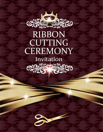 Elegant vintage ribbon cutting ceremony card with silk gold ribbon and leather backgroundのイラスト素材
