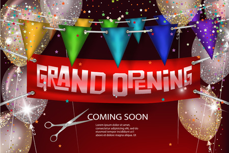 Grand opening background with banner, air balloons and flags. Vector illustrationのイラスト素材