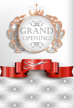 Grand Opening elegant vintage card with leather texture, red ribbon, scissors and frame. Vector illustrationのイラスト素材