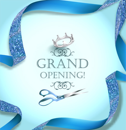 Grand opening invitation card with scissors and blue curly ribbon. Vector illustrationのイラスト素材