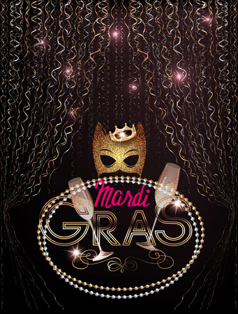 Mardi Gras background with gold mask, beads and curly gold and silver serpentine. Vector illustrationのイラスト素材