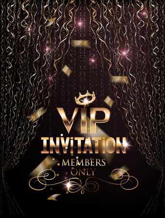 VIP elegant invitation card with gold curtains and confetti. Vector illustrationのイラスト素材