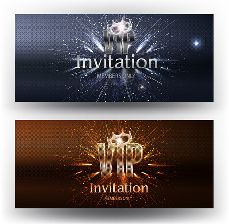 VIP invitation gold and silver banners with fireworks and crowns. Vector illustrationのイラスト素材
