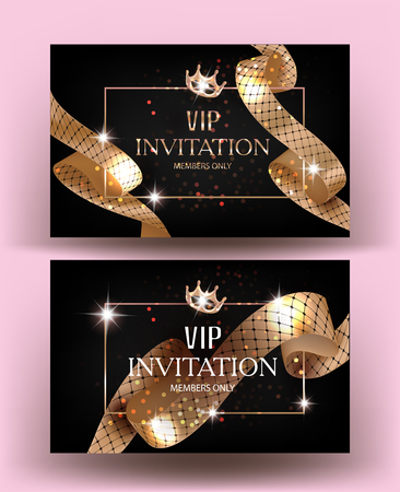 VIP invitation cards with gold curly ribbons with pattern. Vector illustrationのイラスト素材