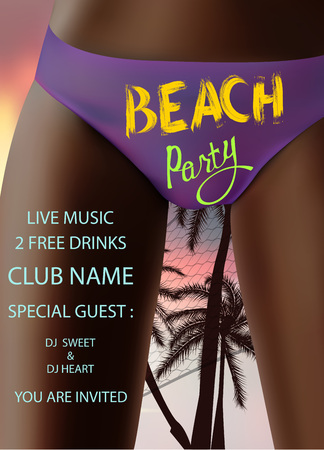 Beach party poster with bottom part of girl in swim panty and summer landscape on the backgroundのイラスト素材