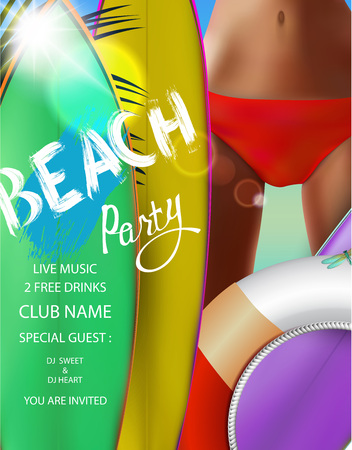 Beach party poster with bottom part of girl in swim panty, surfboards. Vector illustrationのイラスト素材