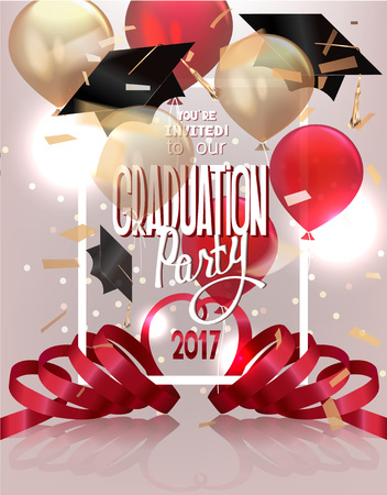 Graduation party 2017 banner with hats, air balloons, confetti and curly serpentine. Vector illustrationのイラスト素材