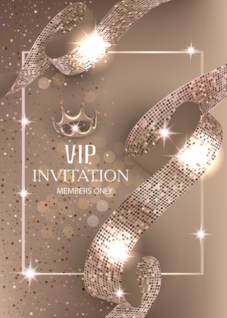 Vip beige banner with sparkling curly ribbon. Vector illustrationのイラスト素材